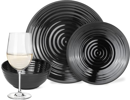 Set di stoviglie da campeggio in melamina, per 4 persone, colore nero scuro + 4 bicchieri da vino bianco Timo