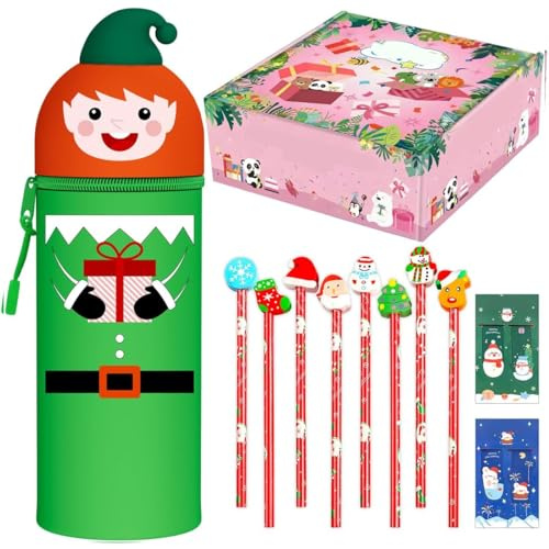 GDFJBG Juego de lápices de silicona 2 en 1 de Navidad, juego de artículos de papelería, goma de borrar, lápiz, 4 marcadores magnéticos, regalos de fiesta de Navidad, bolsas de relleno, envoltorio de