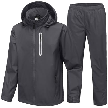 JACKETOWN Mens Raincoat Golf Waterproof Jacket & Trousers Packable Rainwear | Taped Seam, Hood,Reflective Strips, 5 Pockets, Windproof, Breathable for Fishing,Hiking Camping Cycling Outdoor Work S-3XL