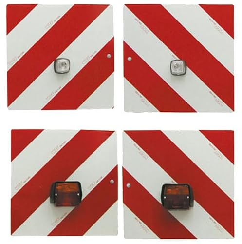 Warntafelsatz mit Leuchten und 7-poligen Anschlusskabel | für Trecker, Traktor, Auto, Wohnwagen, Wohnmobil, KFZ | Warnschild | reflektierend | rot/weiß || Beidseitig (Vorder+Rückseite - 43790)