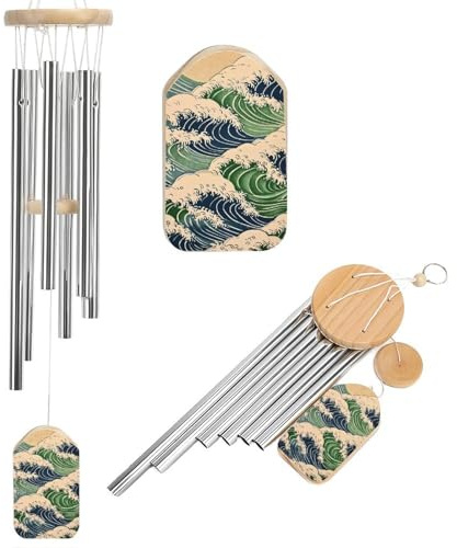 Einfaches japanisches Wellen-Windspiel, Grün, Beige, Blau, Gedenkspiel, tiefer Ton, Windspiel mit 6 Aluminiumrohren, Outdoor-Hinterhof, Gartendekoration