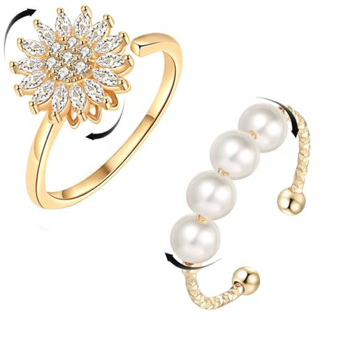 KALUROIL Bague Anti-Stress Ajustable pour Femme, Anneau Rotatif avec Motif de Tournesol, Cadeau Parfait pour soulager l'anxiété, Taille Adaptable pour Tous Les Doigts