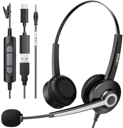 Wantek Auriculares estéreo, con Cable, USB-A, micrófono con cancelación de Ruido, Comodidad Durante Todo el día, USB-A: PC/Mac o teléfono móvil Mediante Equipos de conexión de 3,5 mm, Zoom y más