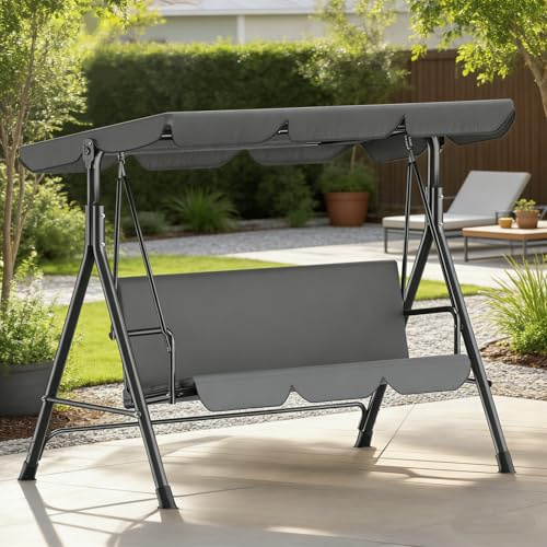 Ferzone Hollywoodschaukel 3-Sitzer, Gartenschaukel mit Verstellbarem Sonnendach, Hollywoodschaukel UV-Schutz Wetterfest,Gartenschaukel 220kg Belastbar 175 x 110 x 152cm, für Terrasse Balkon, Anthrazit