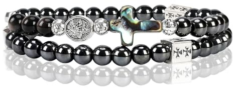 Men's Tiger's Eye Stone Bracelet, Rose Rosary Bracelet for Men with Catholic Cross and St. Benedict Medal, Natural Hematite Stone Bracelets, Spiritual Gift for Fathers, Husbands, Friends and Boys