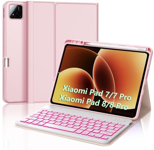 FOGARI Teclado para Xiaomi Pad 8/8 Pro 11.2 2026 | Funda con Español Ñ Teclado Retroiluminado Magnético Desmontable Bluetooth para Tablet Xiaomi Pad 7/8 Pro 11.2 2025, Rosa