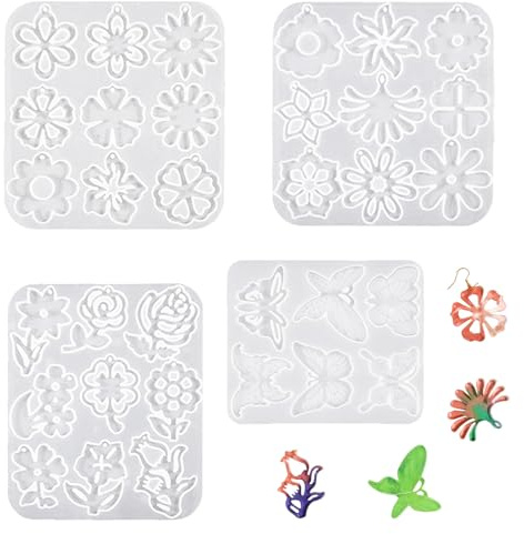 Lot de 4 Moules en Silicone Bijoux sur le Thème Fleurs et Papillons, 3D Moule Resine UV Epoxy, pour la Fabrication de Bijoux en Résine époxy sur le Thème de l'été, Décoration de Gâteaux, Chocolat, DIY