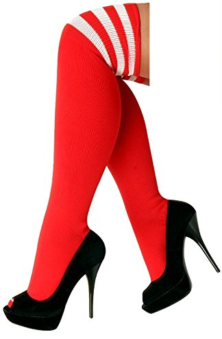 krautwear® Dam, flickor, barn, cheerleader knästrumpor, randiga overknees, randiga randiga strumpor, Rot-Vit, One Size stor