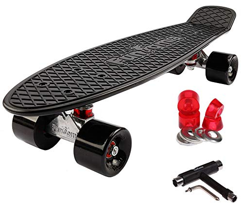 FunTomia 57cm Mini-Board Skateboard mit oder ohne LED Leuchtrollen inkl. Aluminium Truck, ABEC-9 Kugellager und T-Tool (schwarz)