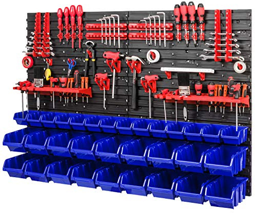 PAFEN Werkstattregal Lagersystem - 1152 x 780 mm - Wandregal mit Blau Stapelboxen Rot Werkzeughalter - Schüttenregal Wandplatten Extra Starke