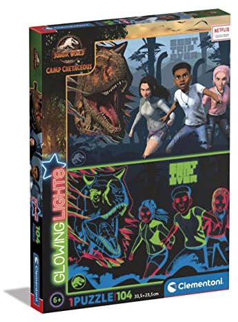 Clementoni - 27557 - Puzzle Glowing Lights Jurassic World Camp Cretaceous - 104 Teile Ab 6 Jahren, buntes Kinderpuzzle mit besonderer Leuchtkraft & Farbintensität, Geschicklichkeitsspiel für Kinder