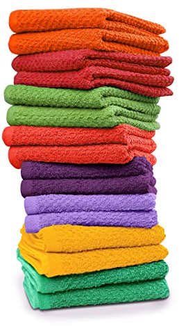 Tukasa Linens 16 Pack Cotton Washcloths for Body and Face, 12x12 Inches, Multipurpose and Lightweight Wash Clothes for Face. Highly Absorbent - Travel and Bath Towel (Multi-Color)