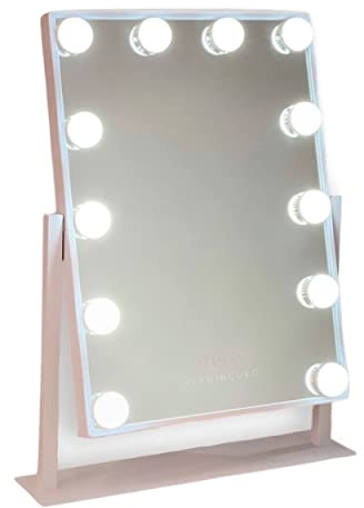 Flamingueo Sminkspegel med Belysning - 12 LED - 3 Lägen - Justerbar Intensitet - Touch Control - Justerbar Position - Förstoringsspegel Ingår - Hollywood Spegel - Vit - 36x47,5x7,5cm