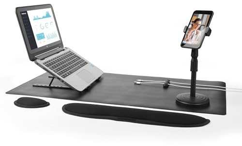 Intempo EE6800BLKSTKEU7 Home Office Accessory Set - 6 in 1 Working From Home Set Up, Includes Phone Holder, Laptop Riser, Desk Mat, 2 Wrist Supports & Cable Tidy, Desk Organiser Ideal for Video Calls
