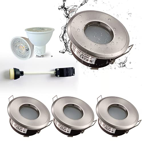 4XSweier Waterproof Bathroom Lights Ceiling Recessed IP65, 5W Cool White 6000K for Bathroom and Kitchen LED Ceiling Spotlights (Incl. GU10 lamp Holder) Satin Nickel Downlight Cutout 68mm