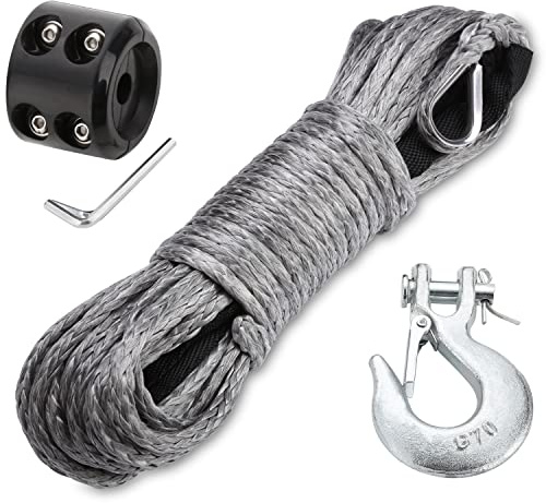 ROADGIVE 50 Feet 8,500LBs 1/4inch Synthetic Winch Rope ATV Winch Line Cable Rope with Steel Hook Rubber Stopper Protecting Sleeve/Sheath and Thimble for ATV UTV Vehicle Winch Rope Gray
