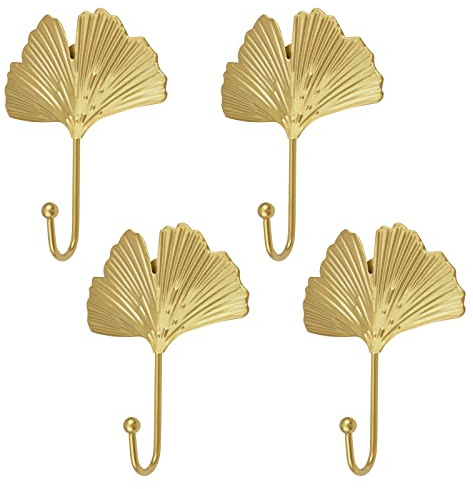 MOROBOR Dekorative Blätter Eisenhaken, 4 Stück goldene Ginkgo-Blatt-Form-Wandhaken, moderner Schlüsselhalter, Einzelhaken-Aufhänger für Zuhause, Büro, Kinderzimmer