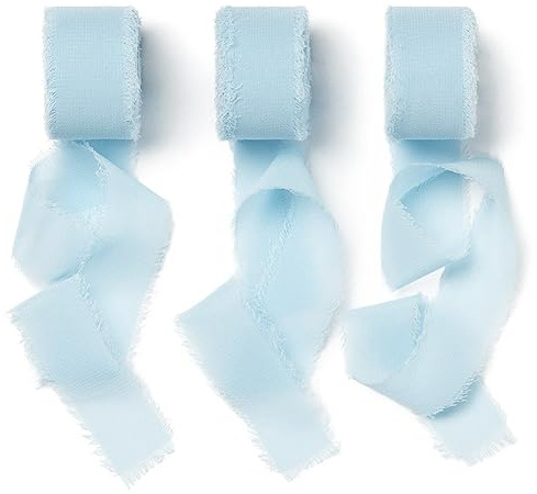 AOKSUNOVA Schleifenband Geschenkband Hochzeit Chiffonband Hellblau | Chiffonband als Schleifenband und Geschenkband für Hochzeit, 2,5 cm x 18,9 m Stoffband mit Fransen für Festliche Deko