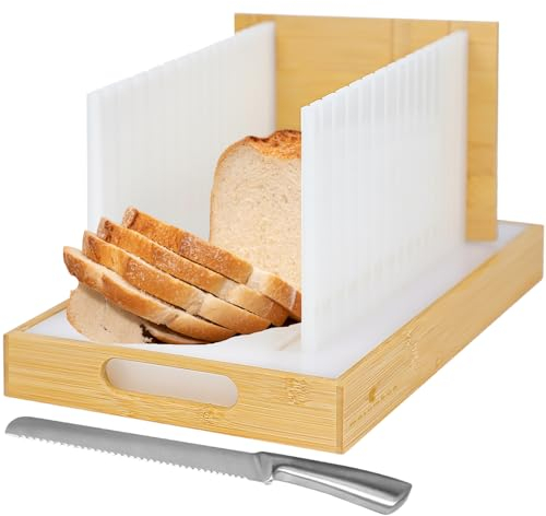 Mosomboo Brödskärare för hemmagjord bröd med tandad kniv och smulbricka – vikbar och kompakt brödskärare utan BPA, 3 skivtjocklek, brödskärare för hembakat bröd, kakor, bagels, bullar