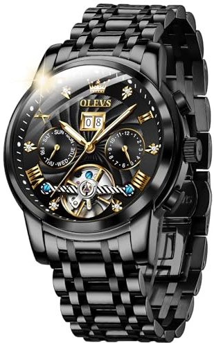 OLEVS Automatic Watches for Men Black Diamond Skeleton Mechanical Tourbillon Self Winding Luxury Dress Wrist Watches Calendar Luminous Waterproof