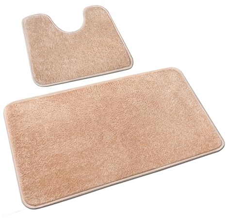 Rururug Set di tappetini da bagno in microfibra lavabile, set di 2 tappetini da bagno antiscivolo per bagno e WC, tappeto da bagno beige 50 x 80 cm+50 x 40 cm