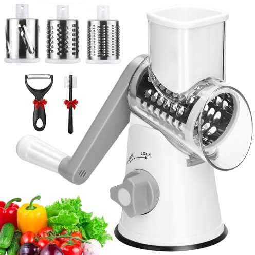 TAVADA Rallador de Verduras Rotativo,Rallador Verduras con 3 Acero Inoxidable Cuchillas de Tambor Intercambiables,Cortador de Verduras Manual,Rallador de Queso de Tambor para Queso,Pepino,Zanahoria
