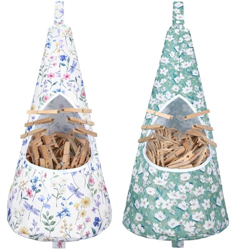 Ribbonlic 2 Pcs Clothespin Bag Hanging Storage Organizer 9x24 Inch Clothes Pin Bag Waterproof Enlarged Floral Laundry Clothespin Hanging Bag Clothespin Holder with Extra Large Opening and Hanging Rope
