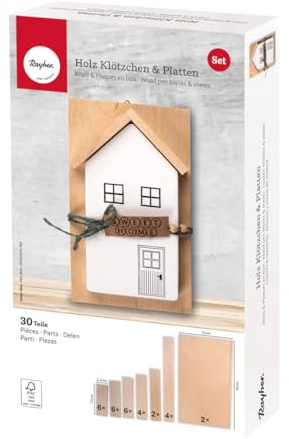 Rayher Klötzchen und Platten aus Holz, FSC zertifiziert, Box 30 Teile, 28 Holzleisten/Klötzchen, verschiedene Größen, 2 Holzplatten, Bastelklötzchen zum Basteln, Bastelstäbe, 64650505