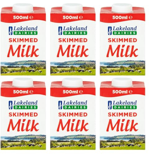 Lakeland UHT Skimmed Milk 500ml Pack of 6 Low Fat 1.25% Long Shelf Life Calcium Dairy Drink Screw Top Multipack Catering Hospitality Office Pantry with Welari Thank You Card | 6pack) (3000ml)