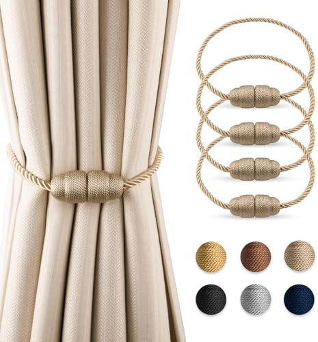Dalababa 4 Pièces Embrasse pour Rideaux, Magnétique Attache Rideaux, Retenues de Draperie de 47 cm, Cordes à Rideaux pour Maison Bureau - Beige