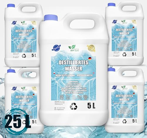 25 Liter destilliertes Wasser 100% reines | Demineralisiertes Wasser 5x5L - destilliertes Wasser geeignet für Bügeleisen, Luftbefeuchter, Batterien und vieles mehr