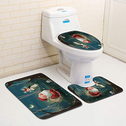 Bad Teppiche Set Dunkelgrüner Baum Badezimmerteppich Waschbar WC Vorleger mit Ausschnitt und WC Deckelbezug 3 Teilig Badematte rutschfest Toilettensitzbezug Badgarnitur 45x75 cm