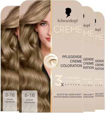 Schwarzkopf Creme Supreme Coloration 8-16 Kühles Aschblond (4x 182 ml), dauerhafte Haarfarbe mit Serum und Haar-Maske schützt vor sichtbaren Haarschäden, für 100% Grauabdeckung