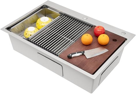 33 x 22 Inch Single Bowl Stainless Steel Undermount Sink, Single Bowl Drop in Kitchen Sink, Built-in Kitchen Sinks Workstation
