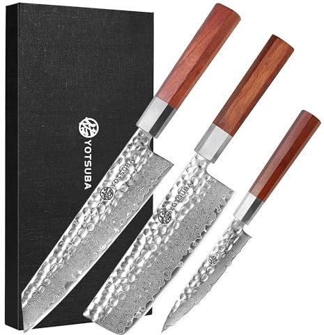 YOTSUBA Damastmesser Set 3-teilig, Premium Küchenmesserset für anspruchsvolle Köche mit Kochmesser, Nakiri Messer und Allzweckmesser, 67 Lagen Damaststahl mit japanischem G10 Kern, präzises Schneiden