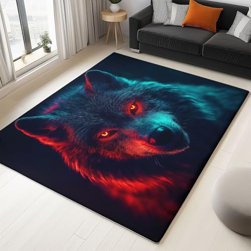 Generisch Teppich Wohnzimmer 80 x 150cm - Rutschfester Schlafzimmer, Esszimmer, Küche Weich Flauschiger Extra Weich Tepich Rotäugiger Wolf Fantasy-Stil Thema Einfache Reinigung TPR Teppiche Gegend