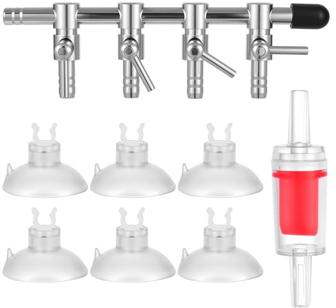 4-Way Aquarium Air Flow Control Lever Valve Stainless Steel Aquarium Air Pump Splitter Fish Tank Multi-port Distributor Splitter with 1 pcs Non-return Check Valve and 6 pcs Suction Cups for Fish Tank