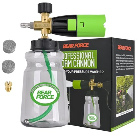 BEAR FORCE Barattolo in schiuma in ottone per lavaggio ad alta pressione (apertura larga) + connettore rapido 1/4, bottiglia da 1 litro, dispenser di sapone per lavaggio auto con schiuma spessa