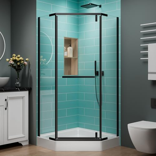 36 Corner Shower Door,36 W x 72 H Neo-Angle Corner Shower Enclosure,Frameless Pivot Shower Doors with 1/4” (6MM) SGCC Tempered Glass for Walk-in Shower,Matte Black