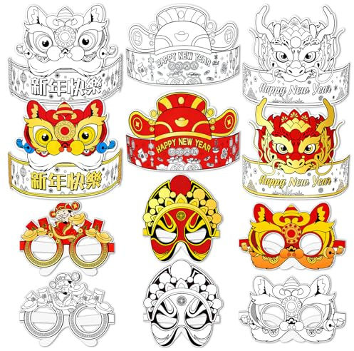 DPKOW 12pcs Spring Festival Coloring Crafts Chinese New Year Party Paper Glasses Hats Lion Dragon God of Wealth, DIY Coloring Glasses Hats Chinese New Year Party Favour Supplies, with Elastic Rope
