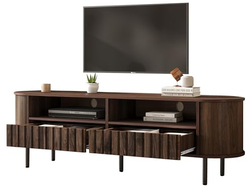 Azkoeesy Mueble de TV con 2 cajones, 160 x 40 x 48 cm, color nogal, para salón, mesa de televisión de MDF con 5 patas de apoyo para televisores de 65 pulgadas