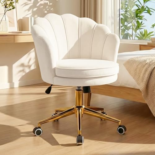 Hellove Schminktisch Stuhl aus Samt, Schreibtischstuhl Bürostuhl mit Rollen, Beige Muschel Schminkstuhl mit Gold Metallbeinen, Vanity Sessel Drehstuhl Höhenverstellbar für Schlafzimmer&Wohnzimmer