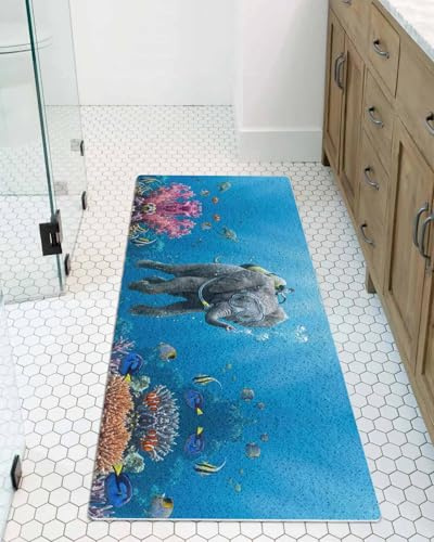 Funny Elephants Diving Shower Mat Non Slip Bathtub Mat Seafloor Corals Fish Oceans Modern Bath Mat Soft Loofah Shower Mats for Shower Tub Bathroom Quick Drying Foot Mat, 16x47 Inch