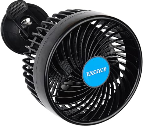 EXCOUP 12 Volt Car Fans for Car Stepless Speed, Vehicle Truck Fan Cigarette Lighter with Suction Cup, Electric Fan 360 Degree Adjustable Low Noise for Vehicle Car Truck Van SUV RV ATV Boat