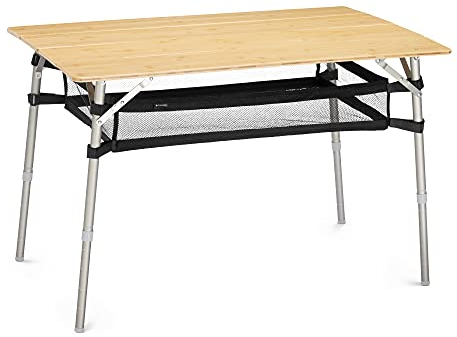 Navaris Bambus Campingtisch faltbar - Klapptisch belastbar bis 30kg für Outdoor Camping Angeln - Tisch mit Netzablage - klappbar höhenverstellbar