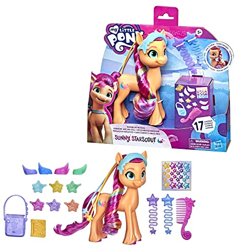 My Little Pony: A New Generation Regenbogenmähne Sunny Starscout – 15 cm große, orangefarbene Ponyfigur mit Regenbogen-Zopf und 17 Accessoires