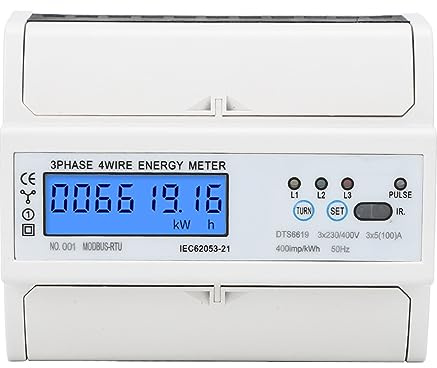 Fafeicy 3-Phasen-Stromzähler, 7P DIN-Schiene, LCD-Digitalanzeige, Leistungsmesser mit Hintergrundbeleuchtung, DTS6619-016