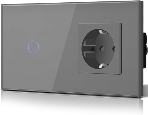 BSEED Interruttore della luce con presa Schuko in vetro, da incasso, 16 A, CEE a 1 vano, interruttore per luce da parete grigio, interruttore a commutazione piatto, moderno, impermeabile