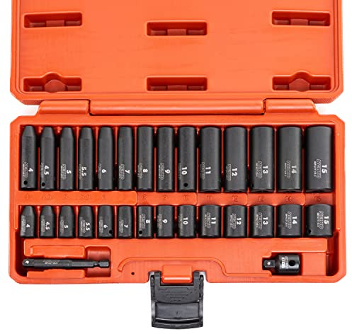 NEIKO 02481A 1/4 Drive Impact Socket Set | 30 Piece | Metric Sizes 4 – 15 MM | Deep and Standard Shallow Sockets | Chrome Vanadium Steel | 3/8” to 1/4” Reducer | Hex Shank Socket Impact Adapter