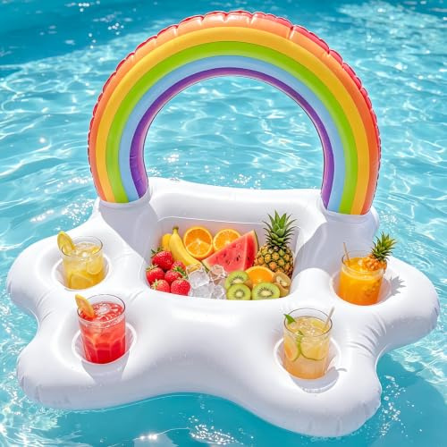 Morofme Rainbow Cloud Inflatable Drink Holder, Floating Beverage Salad Fruit Serving Bar Table Bar Pool Float Party, Pool Cooler Drink Float, Beach Cup Bottle Holder Water Fun Decor Pool Toys